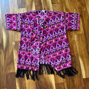 LuLaRoe Kimono Pink and Black with Tassel Fringe Edging size Large